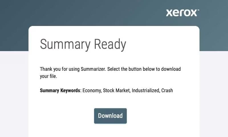 Pantalla de descarga de la aplicación Xerox® Summarizer Pantalla de descarga de la aplicación Xerox® Summarizer