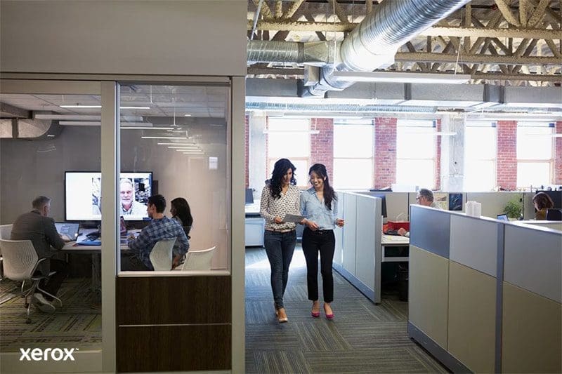 xerox-technology-and-services-proven-detect-protect-esaDos mujeres caminando por un espacio de oficina abierto y moderno, conversando y rodeadas de estaciones de trabajo. Dos mujeres caminando por un espacio de oficina abierto y moderno, conversando y rodeadas de estaciones de trabajo.