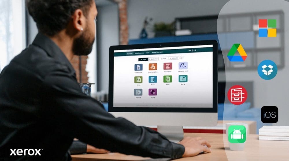 Una persona está sentada en un escritorio mirando la pantalla de una computadora que muestra la interfaz de Xerox Workflow Central. A la derecha, los iconos de Microsoft, Google Drive, Dropbox, un archivador, iOS y Android ilustran la amplia compatibilidad.